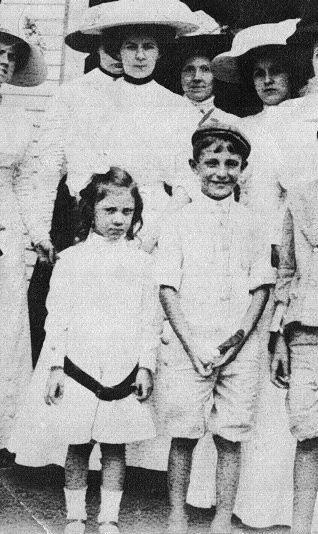 L-R:Front:Helen Russell,Sanders Russell;Rear,marked with 'X':Their mother:Katharine Sanders Russell